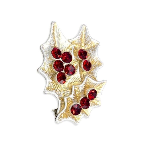 White and gold metal poinsettia pin with dark red rhinestones all intact marked - Picture 16 of 16